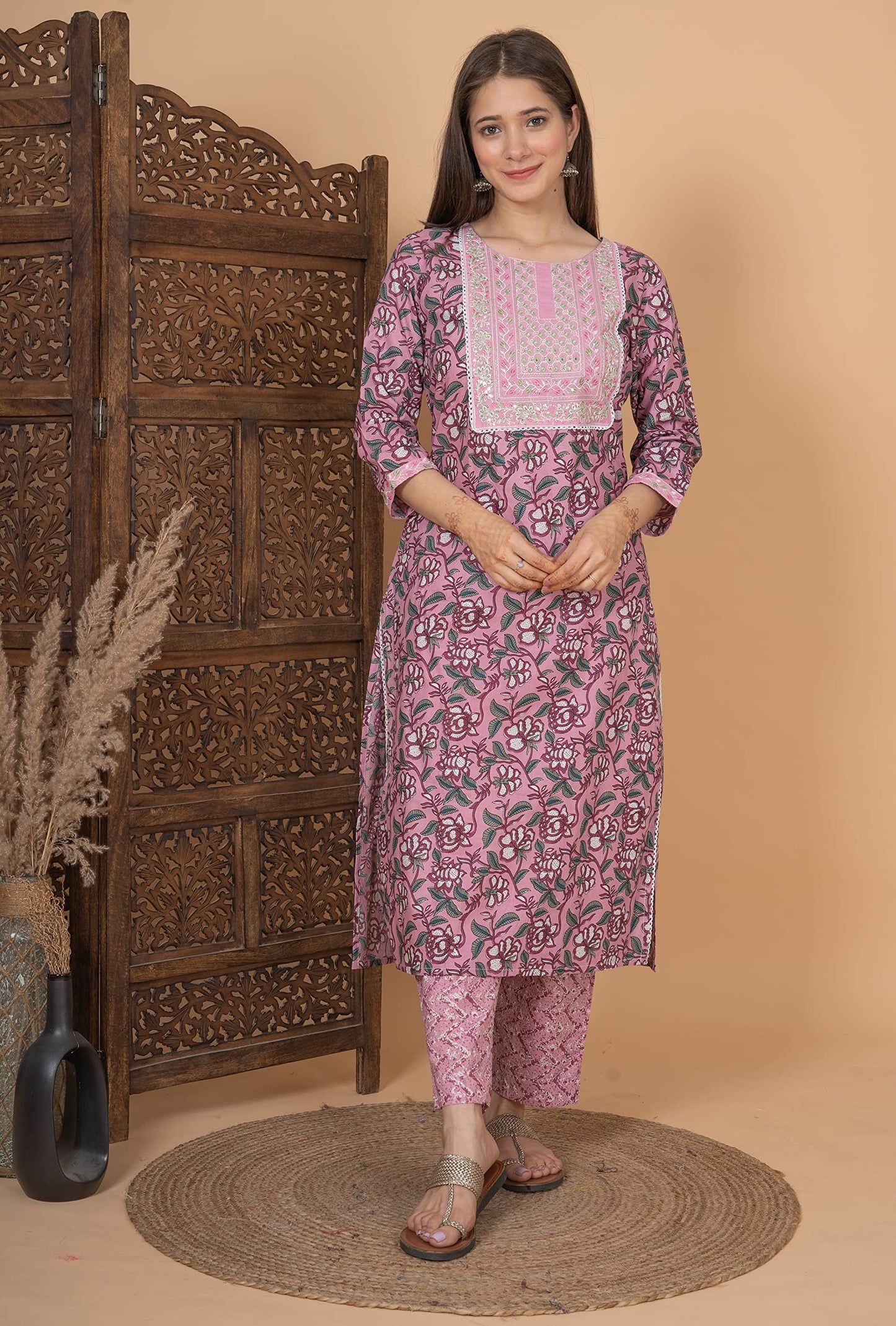 Cotton Printed Dark Printed Straight Embroidery Kurta With Palazzo & Dupatta
