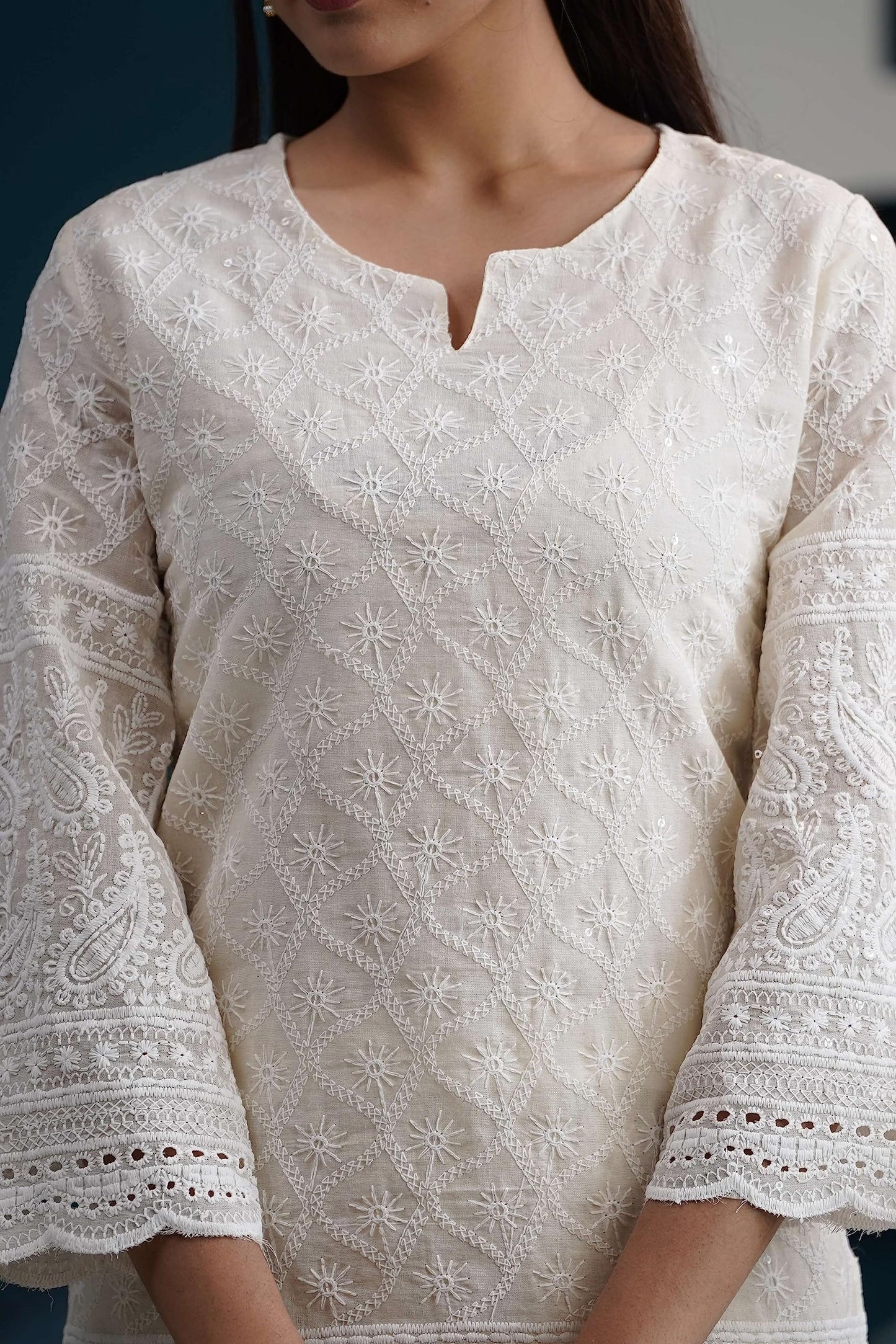 Chikankari Kurtis Set Cream White Kurti Pant & White Color Dupatta Set