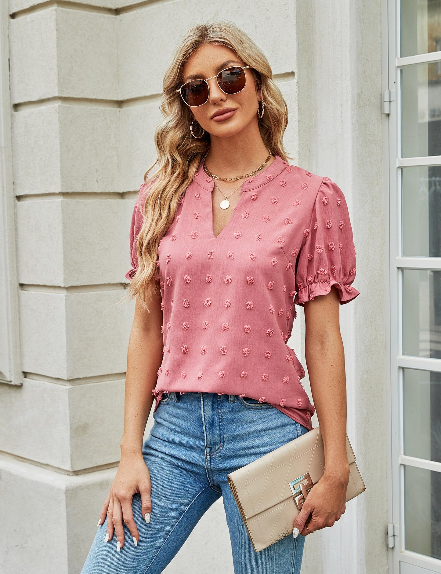 Blooming Jelly Women's Puff Sleeve Casual Tops Fashion White Polka Dot top